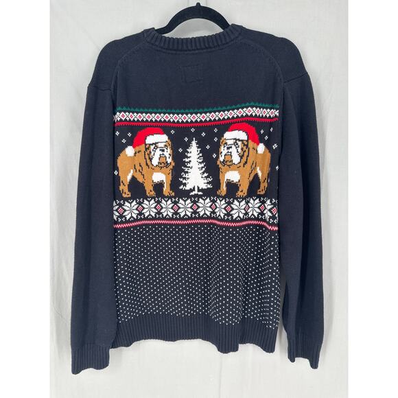 Vintage Christmas Sweater Mens Large Black Bulldog Dogs Cotton Pullover Knit - Picture 3 of 5